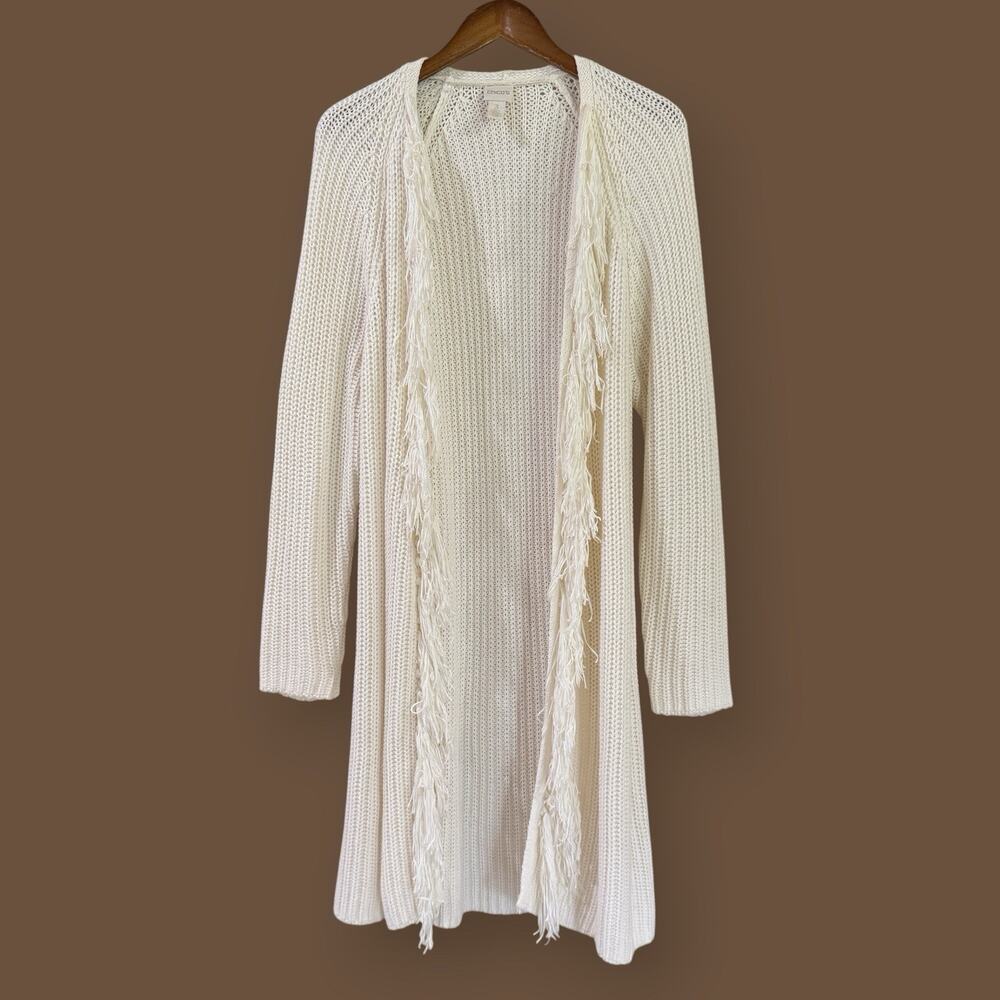 Chico's Emily Fringe Front Long Cardigan Sweater Ecru Ivory 3 XL 16/18 Boho